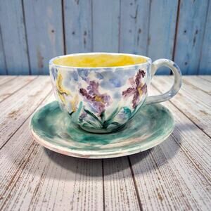 Handmade Signed Studio Pottery Soup Mug & Saucer Floral Hand Painted Set